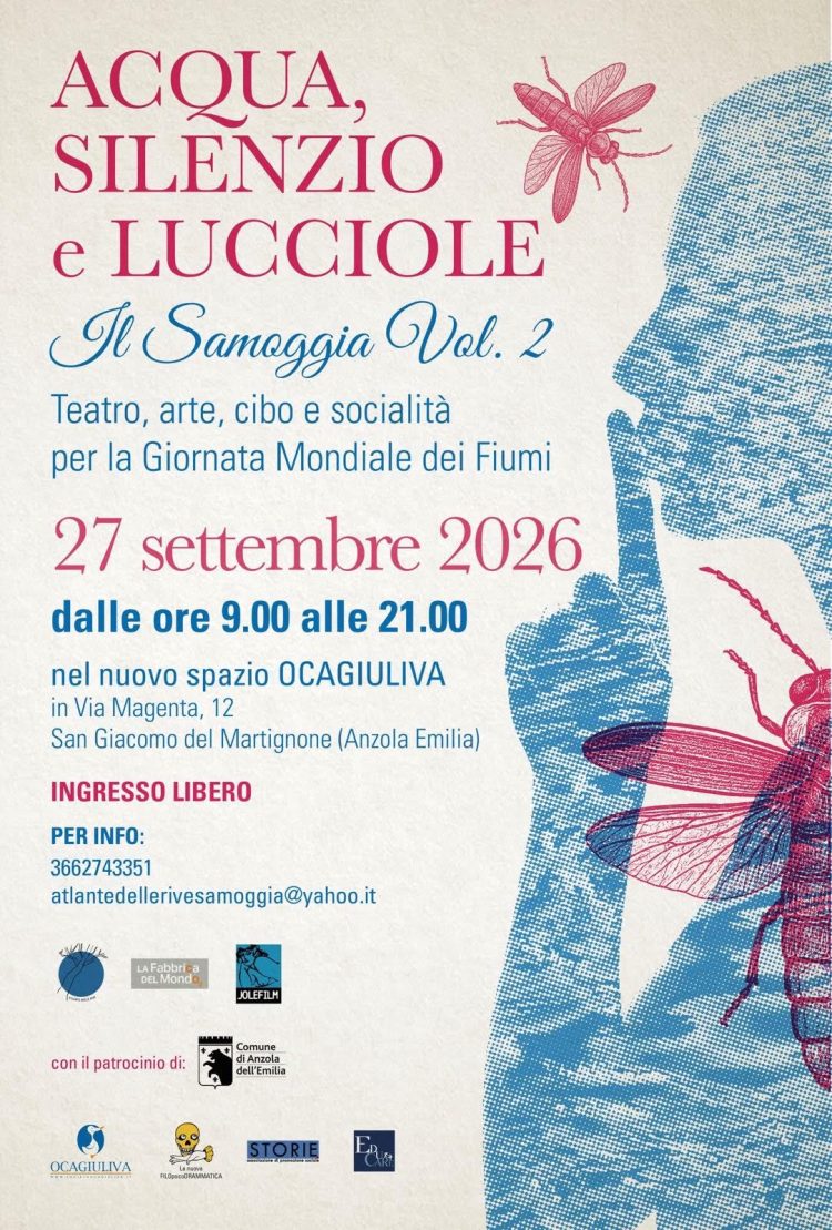 Locandina dell'evento "Acqua, silenzio e lucciole. Il Samoggia Vol. 2", dedicato alla Giornata Mondiale dei Fiumi, in programma il 27 settembre 2026 a San Giacomo del Martignone (Anzola dell'Emilia).