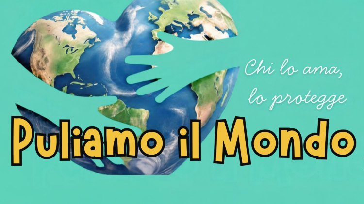 Locandina Puliamo il Mondo 2026 di Legambiente: Terra abbracciata da due mani e invito alla partecipazione sabato 10 ottobre alle ore 9:00.