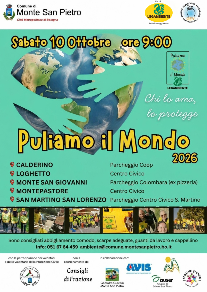 Locandina Puliamo il Mondo 2026 di Legambiente: Terra abbracciata da due mani e invito alla partecipazione sabato 10 ottobre alle ore 9:00.