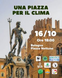 Locandina dell'evento Una piazza per il clima in Piazza Nettuno a Bologna il 16 ottobre, promosso da Legambiente Bologna e dalle associazioni della mobilitazione climatica.